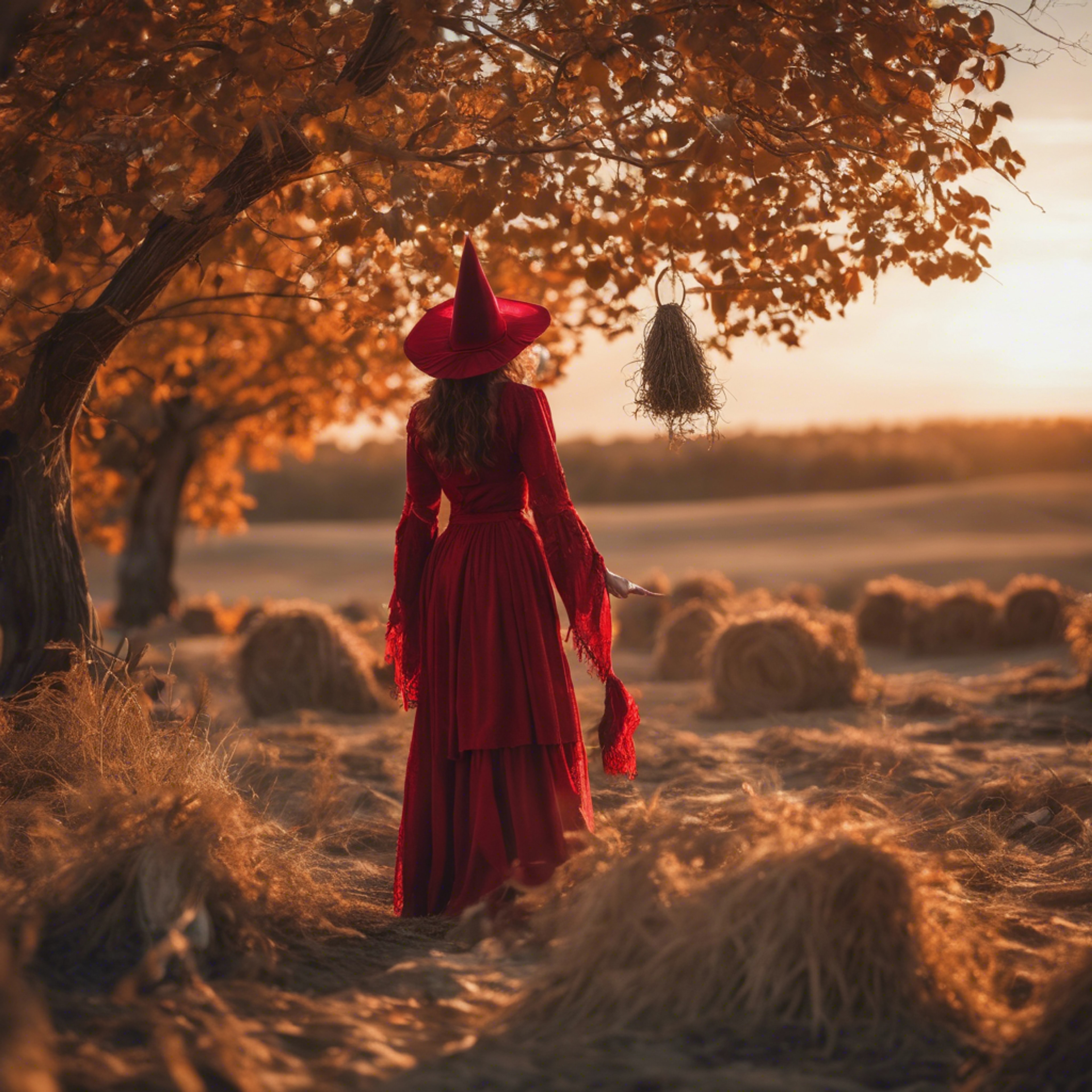A lone witch in red garb practicing her Gothic rituals by the golden light of a harvest moon. Wallpaper[9a5f1b3ad6ac4ad6bd52]