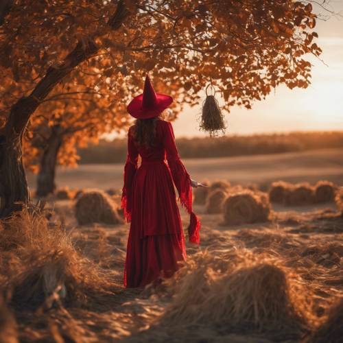 Samotna wiedźma w czerwonym stroju odprawiająca swoje gotyckie rytuały przy złotym świetle pełni księżyca.