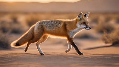 Szybki lis pędzący przez pustynny krajobraz o wschodzie słońca.