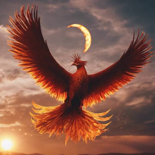 A fiery phoenix soaring across twilight, casting ethereal shadows under the dual gaze of the sun and moon.