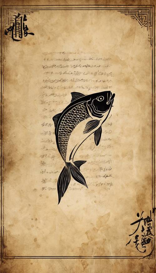 一张古老的羊皮纸，上面有书法和鲤鱼符号