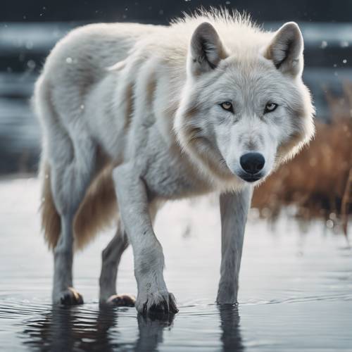 一隻白狼在結冰的湖邊徘徊的肖像。