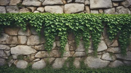 Dinding batu kuno yang ditutupi tanaman ivy.