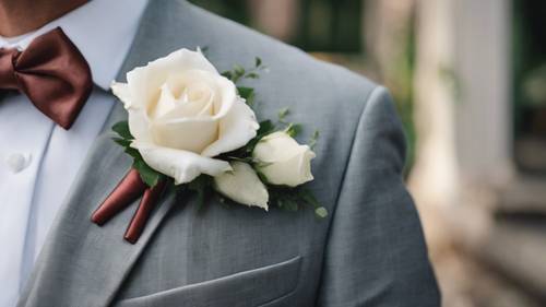 A groom wearing a white rose boutonniere on his wedding suit.