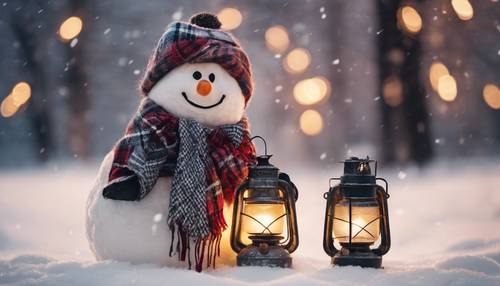 Klasyczny wiejski bałwan we flanelowej koszuli w kratę, trzymający latarnię, rzucający zimą przytulny blask na śnieg.
