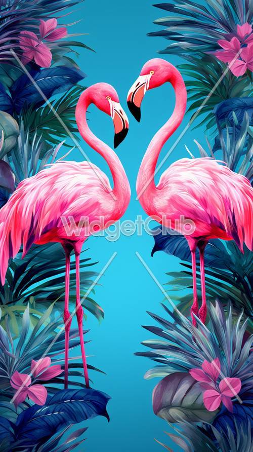 Mavi Tropikal Yaprakların Arasında Pembe Flamingolar