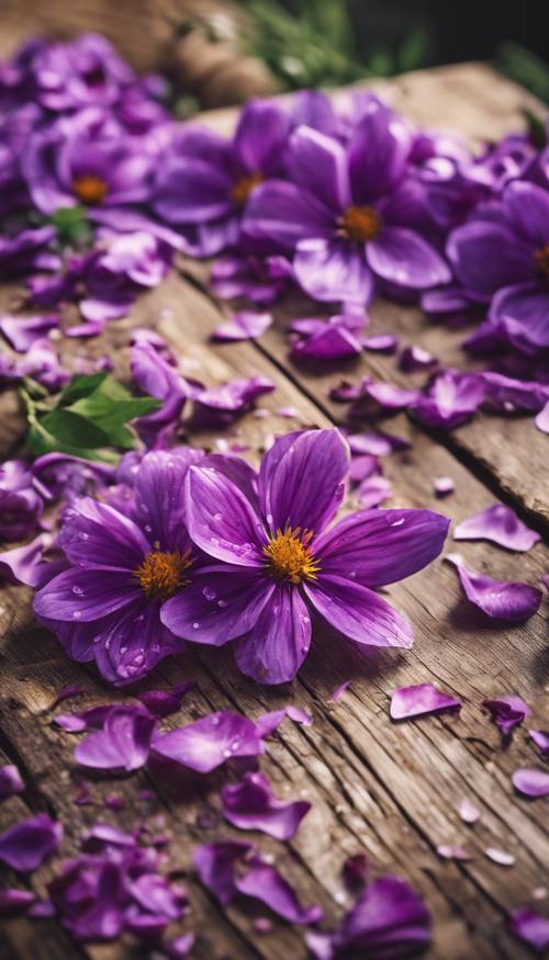 Berbagai bunga dan kelopak ungu tersebar di meja kayu tua bergaya pedesaan.