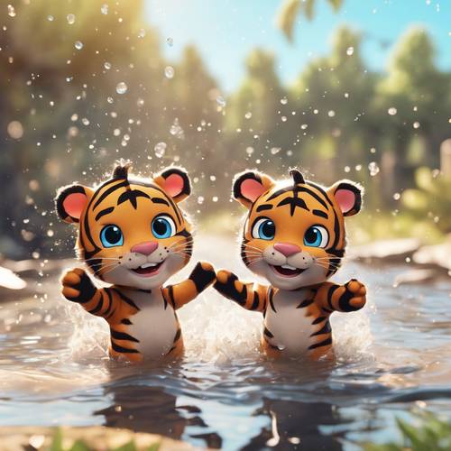 Cartoon tiger cubs, with their cheeky smiles, taking a splash in a puddle, on a sunny day, embodying kawaii charm. Ფონი [1ac4a18417af43a79141]