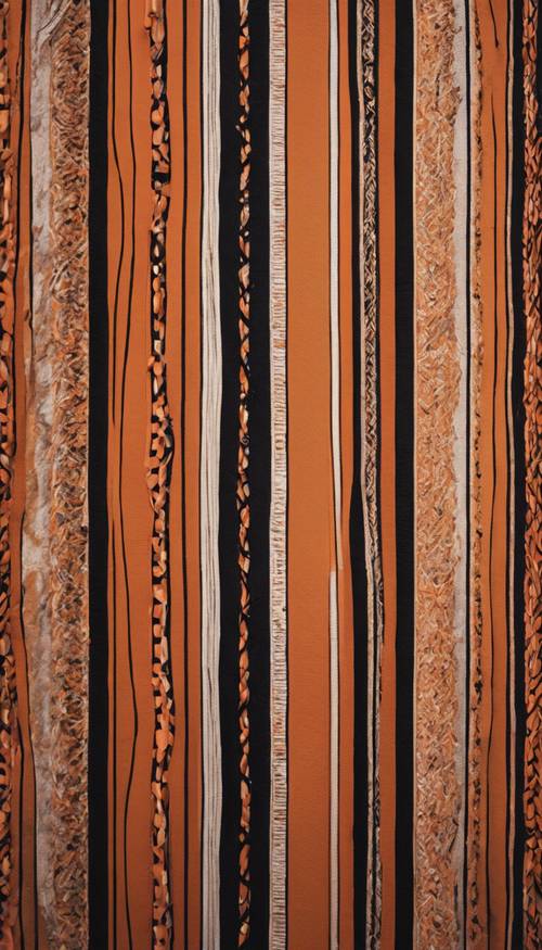 An abstract image dominated by bold, curving lines of orange and black stripes, interwoven like a tapestry.