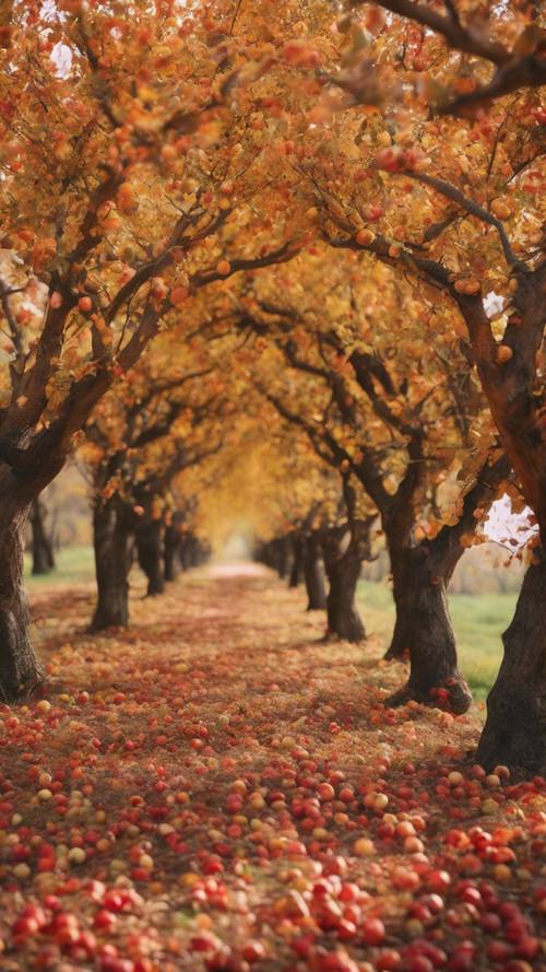 A trail through an orchard of apple trees displaying vibrant autumn colors.