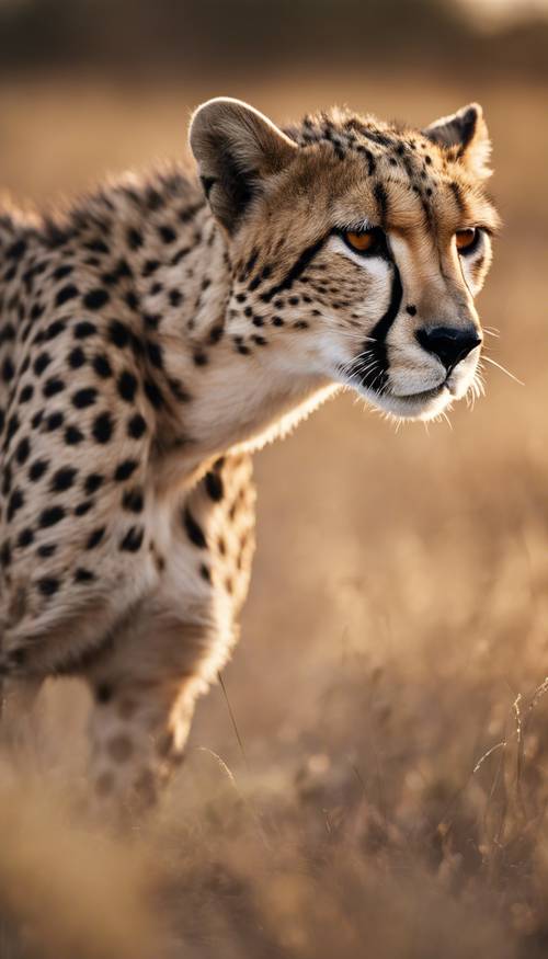 An elegant cheetah covered in jet black spots, sprinting in the savannah at sunset.