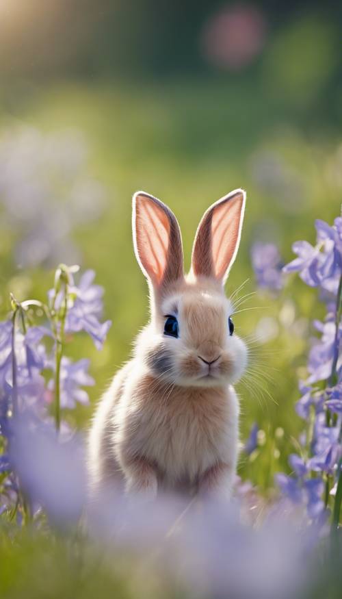 파란 눈과 분홍 귀를 가진 사랑스러운 아기 토끼가 밝은 여름 태양 아래 블루벨이 가득한 초원을 서투르게 뛰어다니고 있습니다.