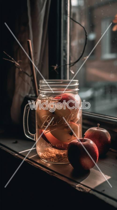 Maçãs de outono aconchegantes em uma jarra