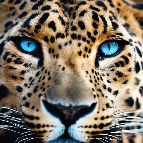 A sorrowful leopard staring intensely with its piercing blue eyes.