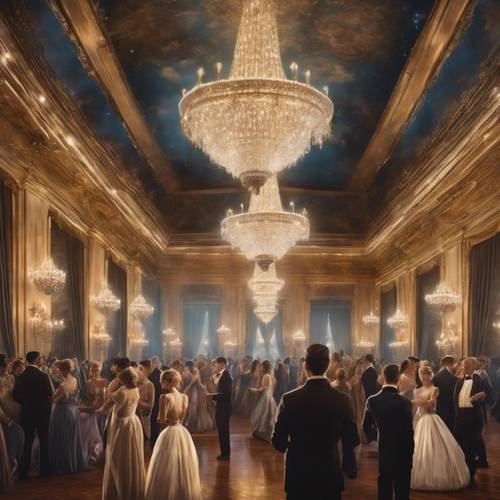 A classical painting of an elegant ballroom filled with dancing guests and twinkling chandeliers.
