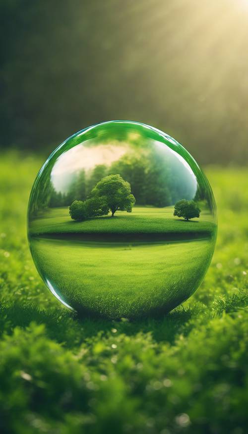 A lush green field featuring a levitating, oversized, transparent sphere. Tapetai [1377e36bc360446ca125]