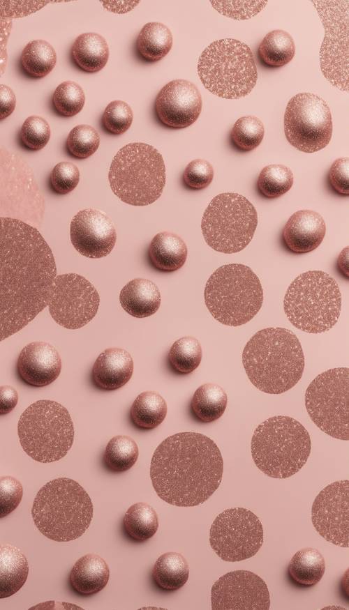 A pattern showcasing polka dots, made out of rose gold glitter, on a blush pink canvas.