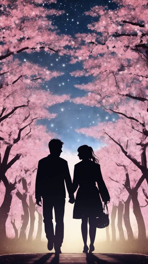 Una silueta de una pareja caminando bajo una avenida de cerezos en flor bajo un cielo estrellado.