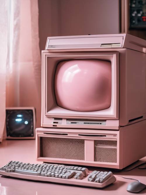 كمبيوتر Y2K قديم الطراز مزود بعلبة وردية فاتحة اللون، ومزود بشاشة CRT كبيرة.