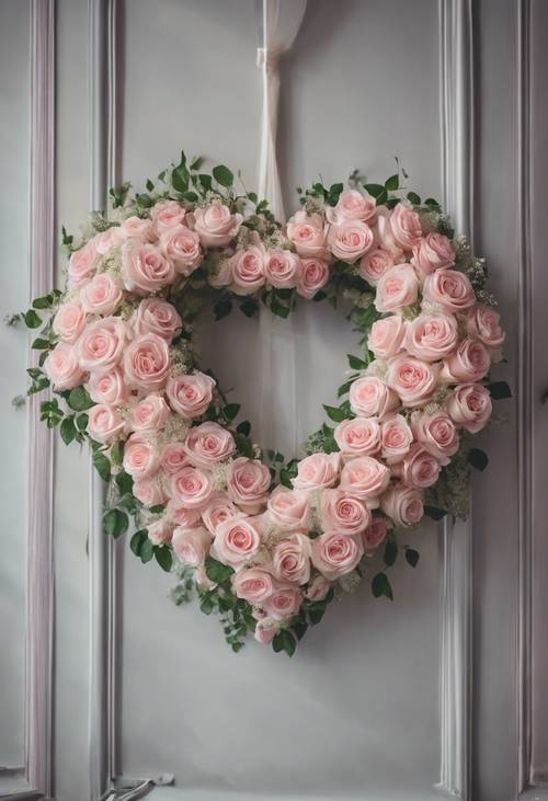 A heart shaped wreath made of soft pink roses for a wedding celebration.