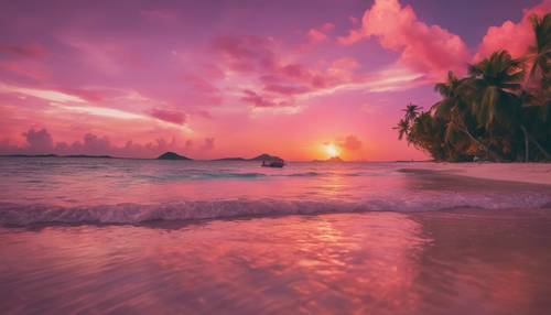 日落时的热带天堂，天空呈现出鲜艳的粉红色和橙色，倒映在岛屿周围平静的水面上。