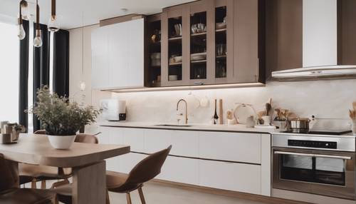 Ein minimalistisches Küchendesign in Braun und Weiß mit eleganten Schränken und einer sauberen Arbeitsplatte.