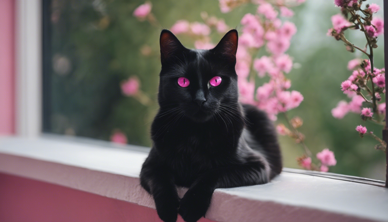 A beautiful black cat with striking pink eyes sitting over a window ledge. Tapeta[016e5e58b7d045dd9025]