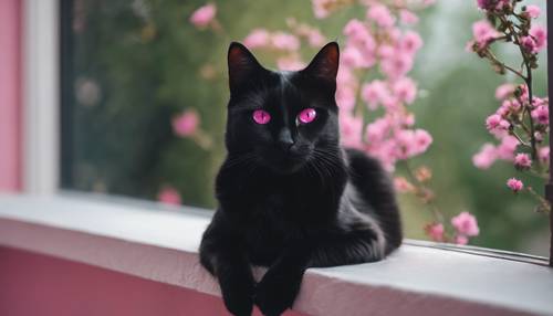 Seekor kucing hitam cantik dengan mata merah muda mencolok duduk di atas ambang jendela.