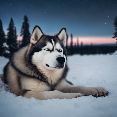 A Husky sleeping under a starry night sky atop a snowy hill in the Alaskan wilderness.