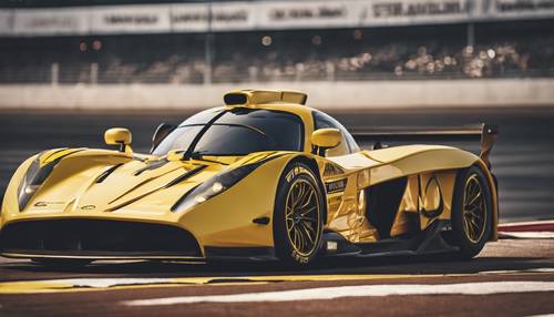 Um elegante carro de corrida amarelo com detalhes dourados, acelerando em uma pista.