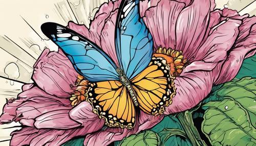 Uma flor de desenho animado abrindo suas pétalas enquanto uma borboleta colorida pousa suavemente sobre ela.