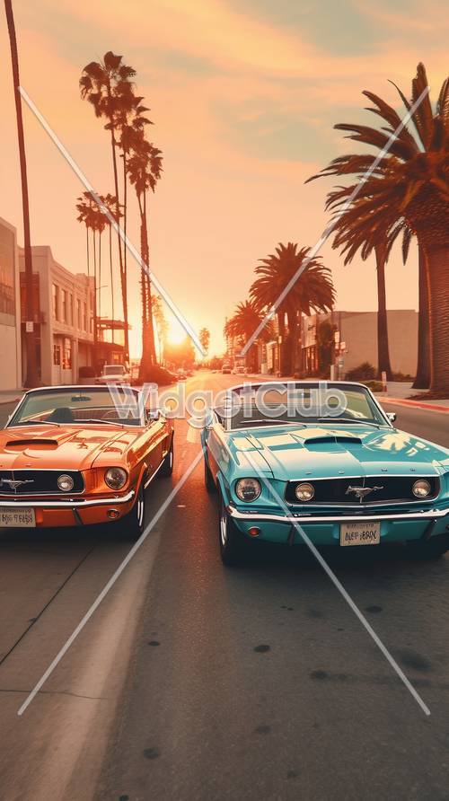 Sunset Drive with Classic Cars