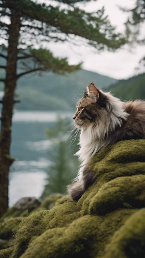 A Norwegian Forest Cat asleep on a mossy rock, a view of a serene Norwegian fjord visible through the pine trees.