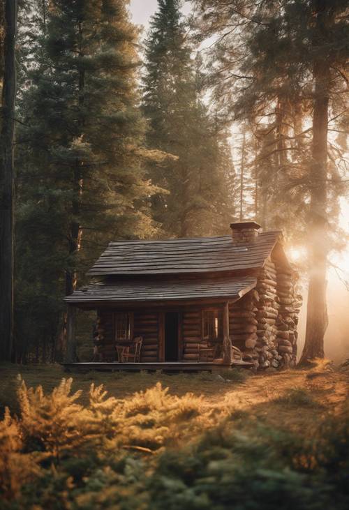 宁静森林中的乡村小屋，夕阳西下，烟囱里飘来炊烟