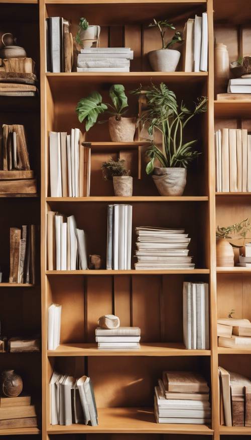 Деревянная книжная полка медового цвета в скандинавском стиле, наполненная множеством книг, керамической посуды и горсткой комнатных растений.