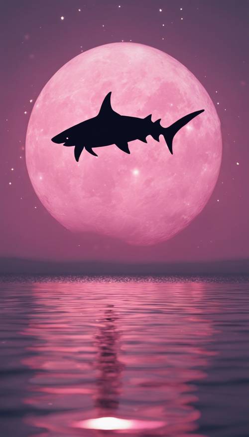 A close-up of a pink shark gliding under the full moon.