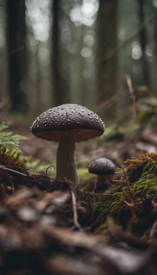 Eine Nahaufnahme eines giftigen dunklen Pilzes in einem abgelegenen Waldgebiet.