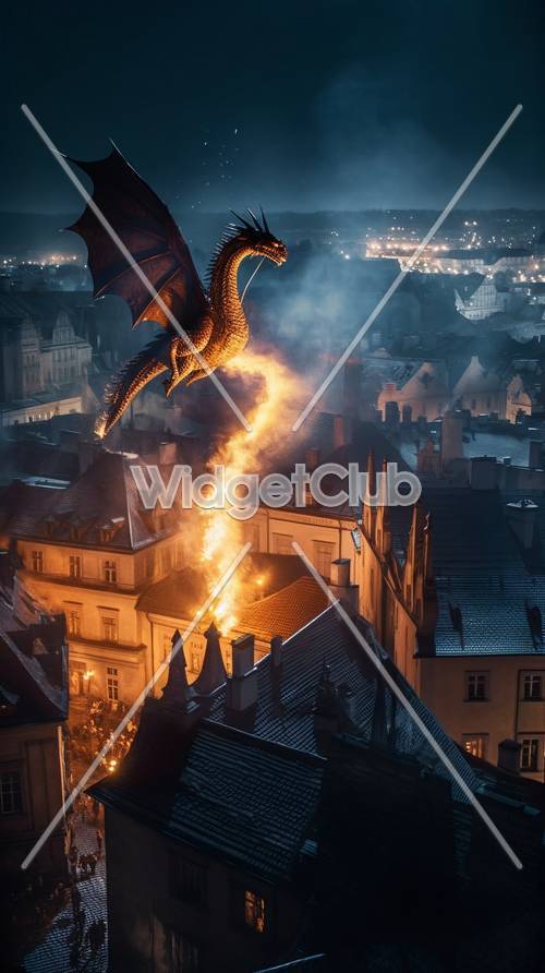 דרקון נושף אש מעל העיר בלילה