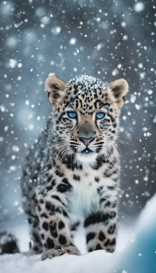 白雪皚皚的環境，淡藍色的豹紋斑點隨機散佈。