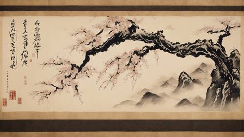 דמויות מלטפות המכחול של הייקו יפני מסורתי על מגילת נייר תלויה.