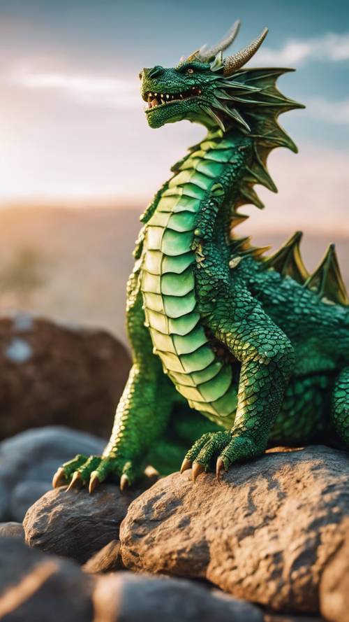 Прохладный зеленый дракон величественно лежал на камне, его чешуя мерцала в последних солнечных лучах.
