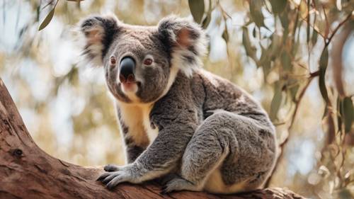 Una imagen que muestra la adaptabilidad de un koala, moviéndose hábilmente entre eucaliptos afectados por la sequía bajo un calor abrasador.