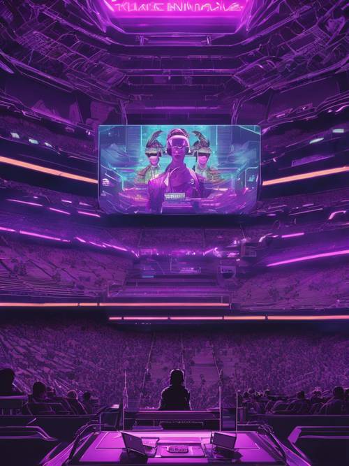 一场电子竞技活动在一座宏伟的、深紫色灯光的体育场举行。