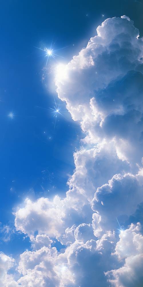 Estrelas brilhantes e nuvens fofas no céu azul
