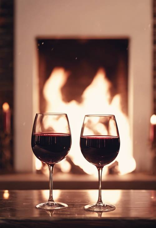 A pair of dark red wine glasses filled with a vintage Merlot, positioned before a roaring fireplace