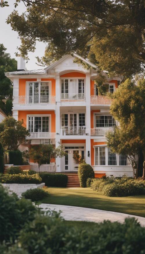 무성한 교외 동네 한가운데에 있는 주황색과 흰색 집.
