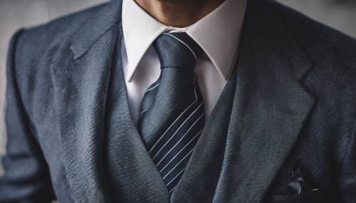 Une cravate blanche à chevrons portée par un homme en costume bleu marine.