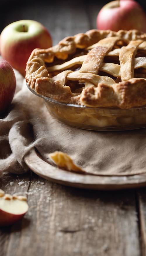 A rustic homemade apple pie sitting on a wooden tabletop. Tapet [f61e841a94774369b92f]