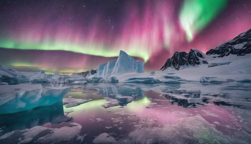 Vaste paysage antarctique sous les aurores australes rougeoyantes. Fond d&#39;écran [9e9f2b1befd04c4fb7b7]