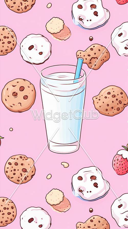 粉红色背景上可爱的饼干和牛奶